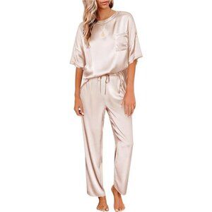 Women's Satin Silky Pajama Set - Short Sleeve Shirt & Long Pants, Soft Summer